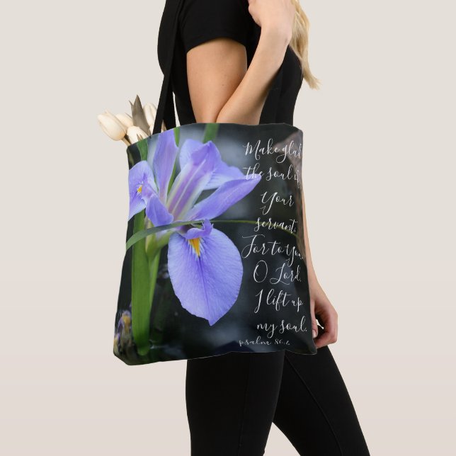 Floral (water iris) w/ verse from Psalm 86:4 Tote Bag (Close Up)