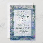 Floral Water Lilies Monet Painting Elegant Wedding Invitation<br><div class="desc">This botanical invitation has as a background a water lilies painting  by Claude Monet (now in the public domain).. The text is in a transparent white rectangle.. The occasion "Wedding" and the names are  written in a blue elegant calligraphic script,  the rest in small black caps.</div>