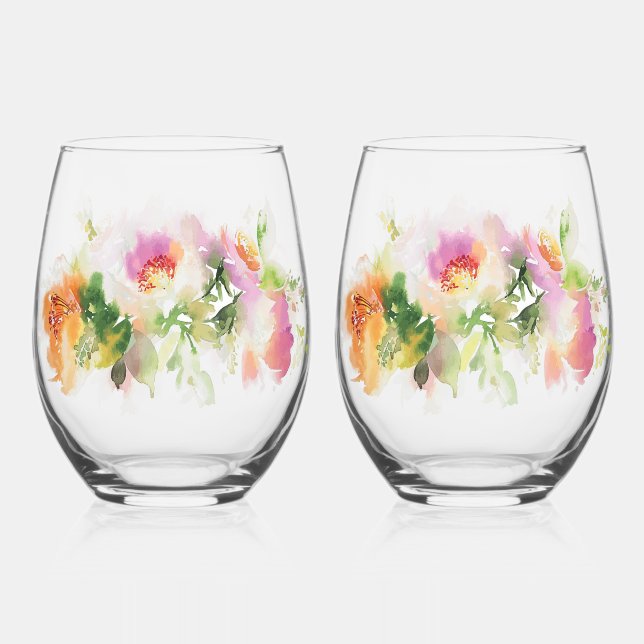 Floral Water Paint Print Stemless Wine Stemless Wine Glass (Front)