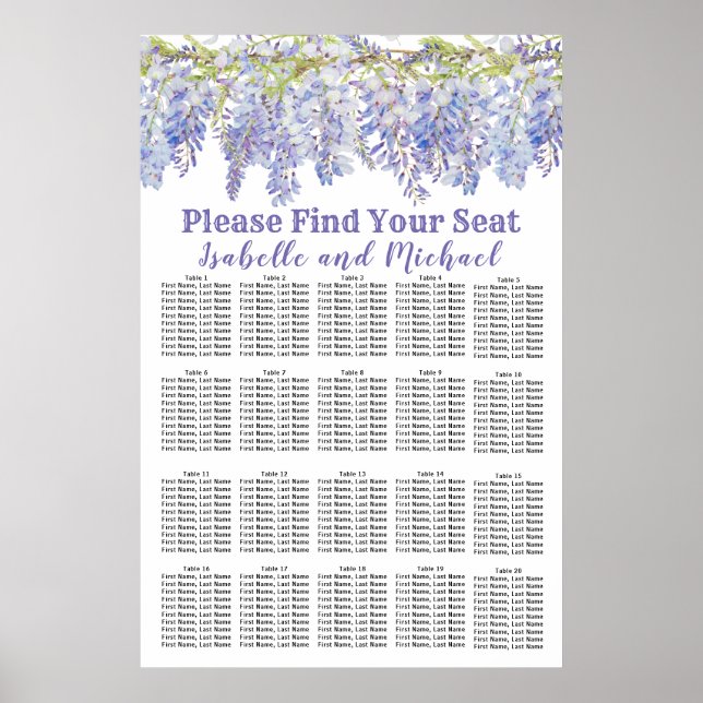 Floral Watercolor 20-Table Wedding Seating Chart (Front)