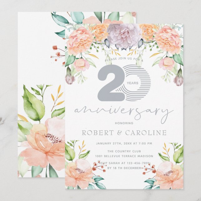 Floral Watercolor 20th Wedding Anniversary Invitation (Front/Back)