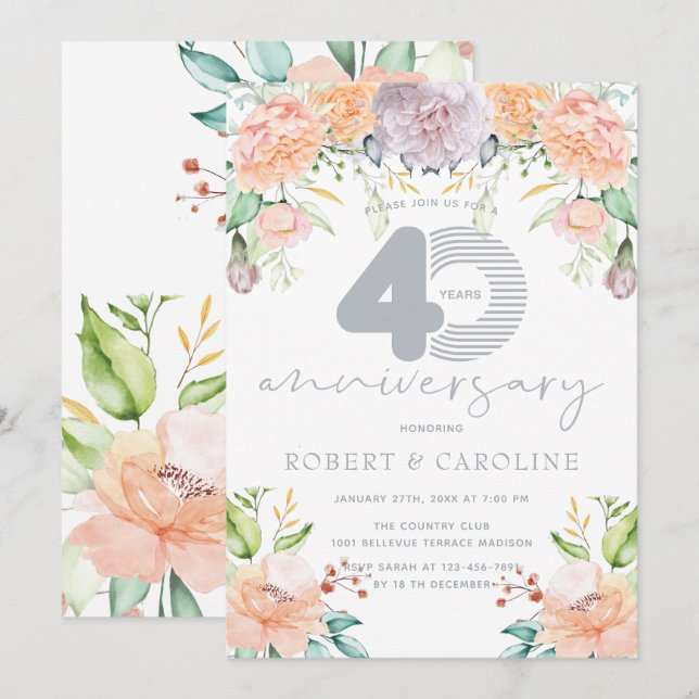 Floral Watercolor 40th Wedding Anniversary Invitation (Front/Back)