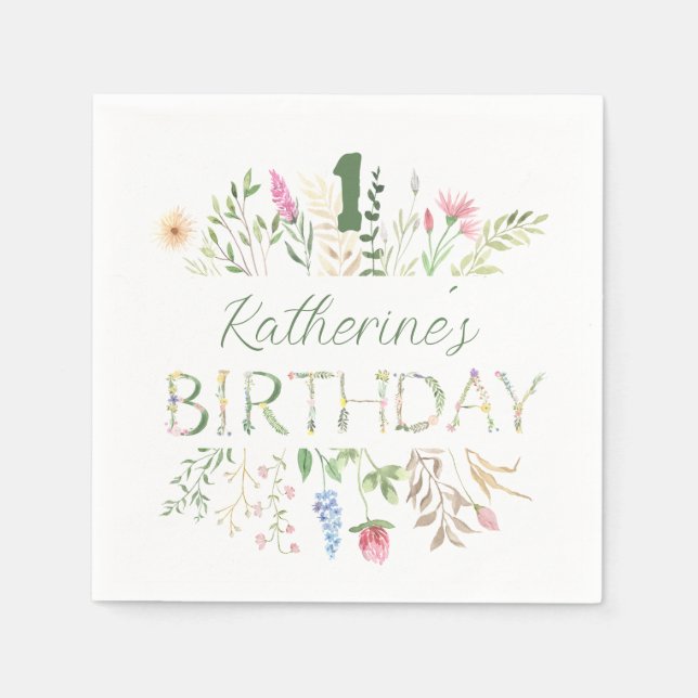 Floral Watercolor Alphabet ABC Birthday Cocktail Napkin (Front)