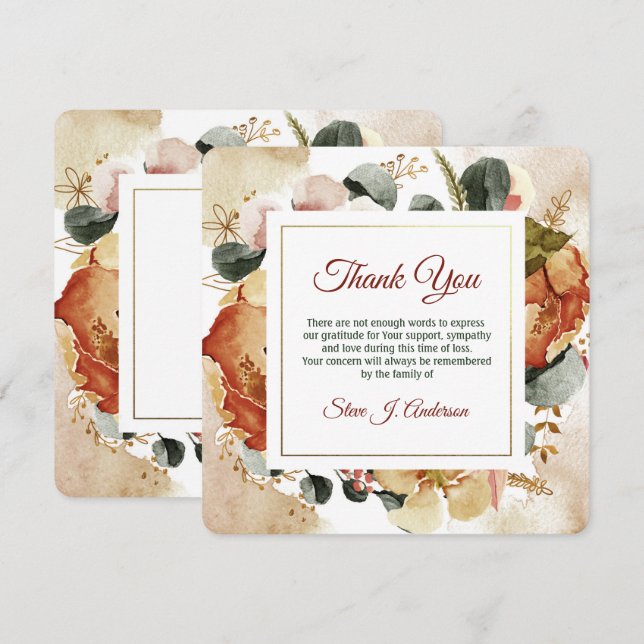 Floral Watercolor Autum Funeral Thank You Card (Front/Back)