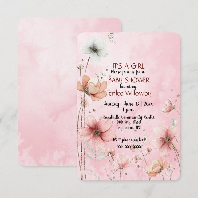 Floral Watercolor Baby Girl Shower Invitation (Front/Back)