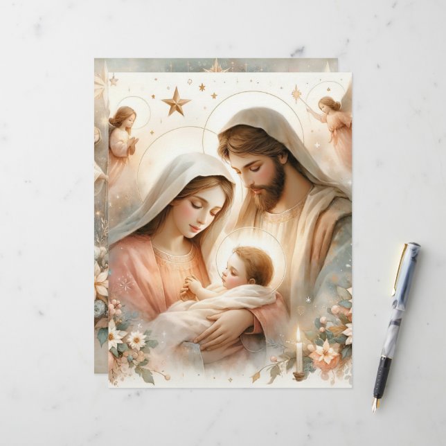 Floral Watercolor Baby Jesus  Scrapbook Paper (Front/Back In Situ)