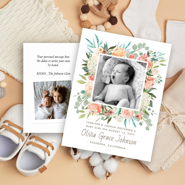 Floral Watercolor Baby Photo Announcement Postcard (Creator Uploaded)