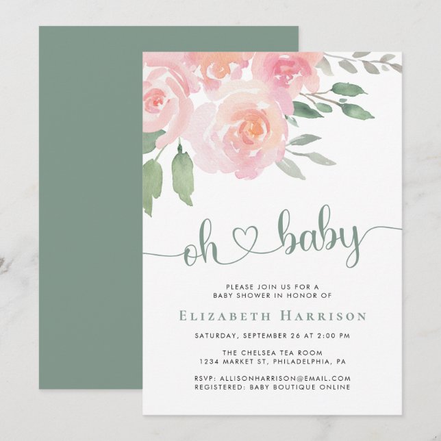 Floral Watercolor Baby Shower Invitation (Front/Back)