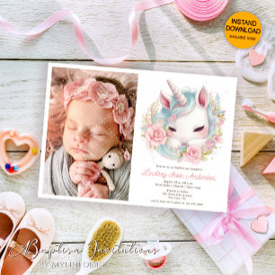 Floral Watercolor Baby Unicorn, Photo Girl Baptism Invitation