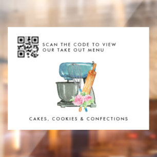 Floral Watercolor Bakery Logo   QR Take Out Menu Window Cling