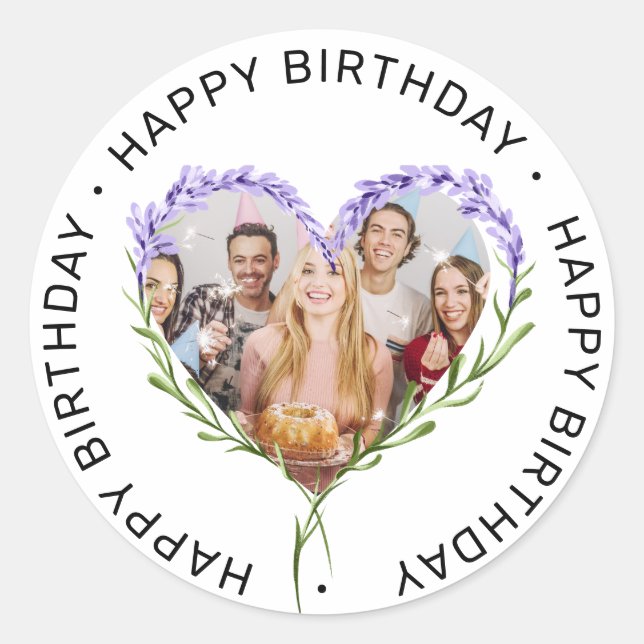 Floral Watercolor Birthday Custom Photo  Classic Round Sticker (Front)