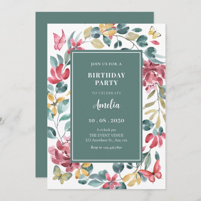 Floral watercolor birthday invitation (Front/Back)