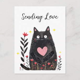 Floral Watercolor Black Cat and Heart Sending Love Postcard
