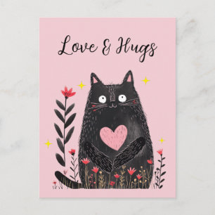 Floral Watercolor Black Cat Love and Hugs Postcard