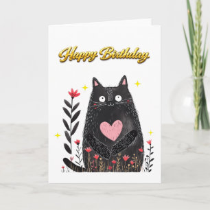 Floral Watercolor Black Cat Pink Heart Birthday Card