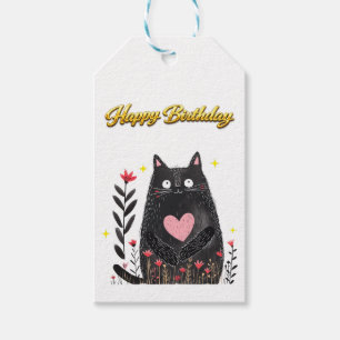 Floral Watercolor Black Cat Pink Heart Birthday Gift Tags