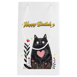 Floral Watercolor Black Cat Pink Heart Birthday Small Gift Bag