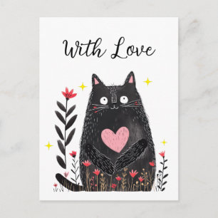 Floral Watercolor Black Cat Pink Heart With Love Postcard