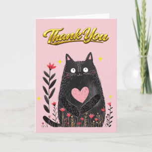 Floral Watercolor Black Cat with Heart Thank You Card