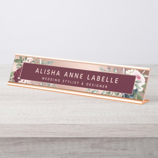 Floral Watercolor Blossoms Rose Gold Burgundy Desk Name Plate Zazzle Co Uk