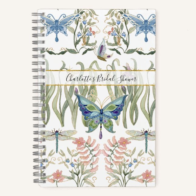 Floral Watercolor Blue and Pink Butterfly Bridal Notebook (Front)