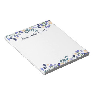 Floral Watercolor Blue Flowers Custom Name Notepad