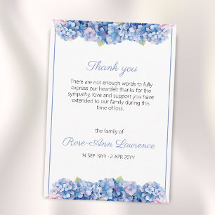 Floral watercolor blue hydrangea funeral thank you card