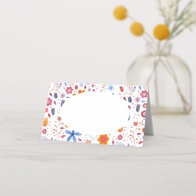 Floral Watercolor Blue Orange Place Card (Front)