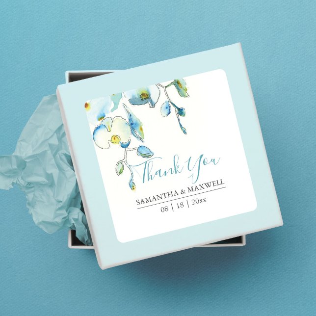Floral Watercolor Blue Orchid Favour Stickers (Thank you stickers for favors blue watercolor orchids by Victoria Grigaliunas)