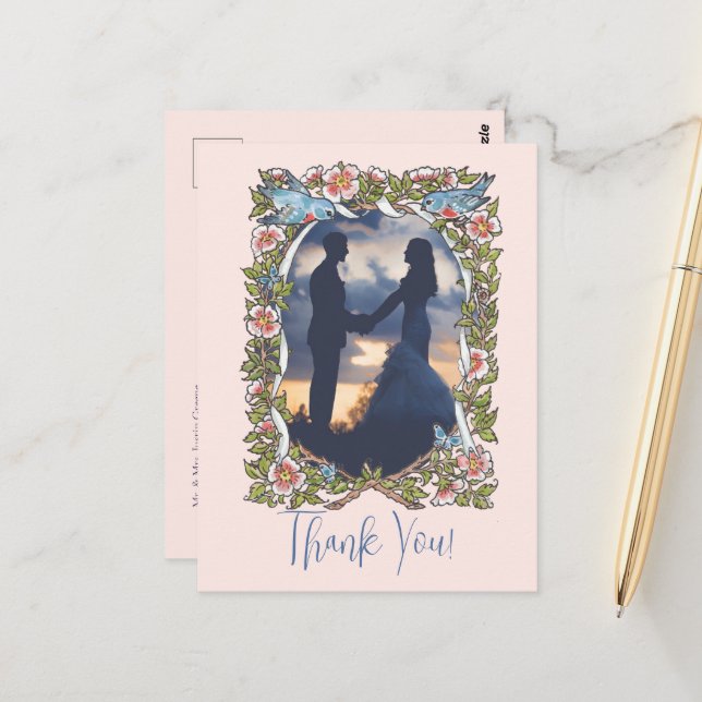 Floral Watercolor Blush Garden Photo Thank Wedding Postcard (Front/Back In Situ)