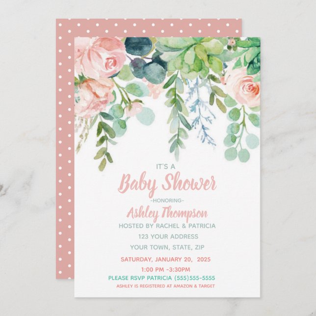 Floral Watercolor Blush Pink Baby Shower Invitation (Front/Back)