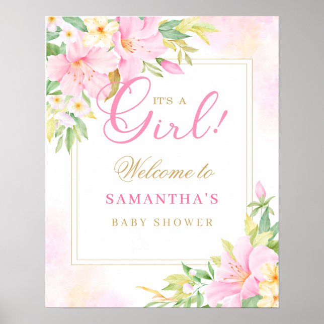 Floral Watercolor Blush Pink Baby Shower Welcome Poster (Front)