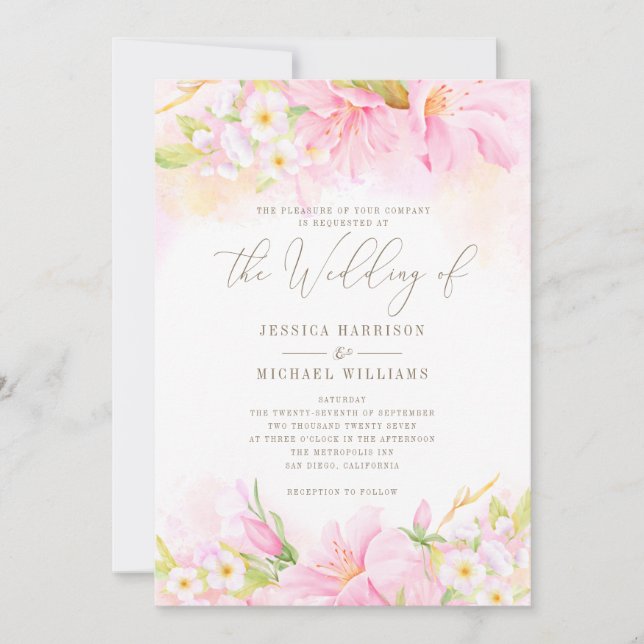 Floral Watercolor Blush Pink Ombre Botanical Boho Invitation (Front)