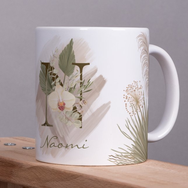 Floral Watercolor Boho Custom Monogram Name Coffee Mug (This mug is a boho dream with its floral watercolor design and your custom monogram.)