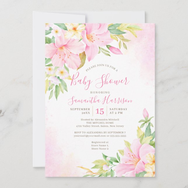 Floral Watercolor Botanical Blush Pink Baby Shower Invitation (Front)