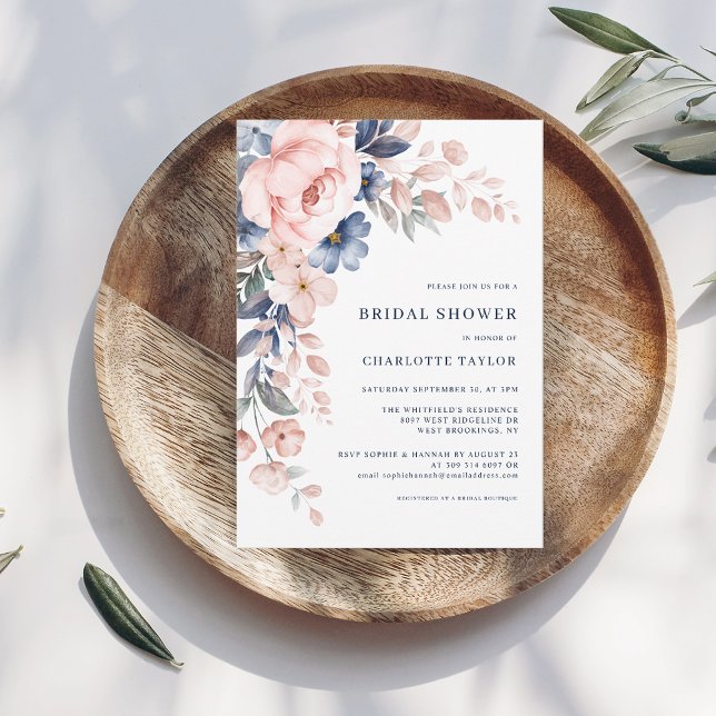 Floral Watercolor Botanical Bridal Shower Invitation (Pink Floral Watercolor Nature Bridal Shower Invitation)