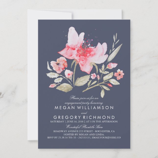 Floral Watercolor Botanical Navy Engagement Party Invitation (Front)
