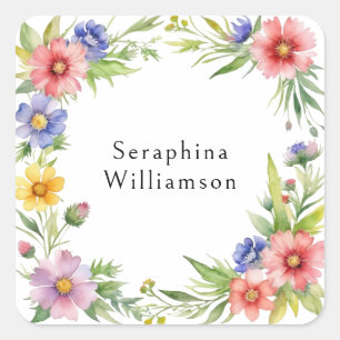 Floral Watercolor Botanical Personalised Name Square Sticker