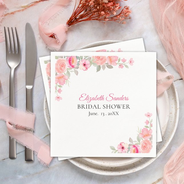 Floral Watercolor Bridal Shower | Pink Rose Party  Napkin (Creator Uploaded)