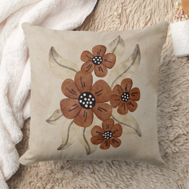 Floral Watercolor Brown and Tan Throw Pillow (Blanket)