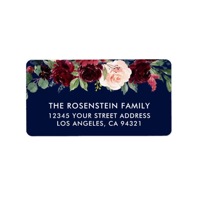 Floral Watercolor Burgundy Blue Address Label (Front)