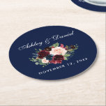 Floral Watercolor Burgundy Blue Wedding Round Paper Coaster<br><div class="desc">Watercolor Burgundy Marsala Floral Blue Wedding Coaster</div>
