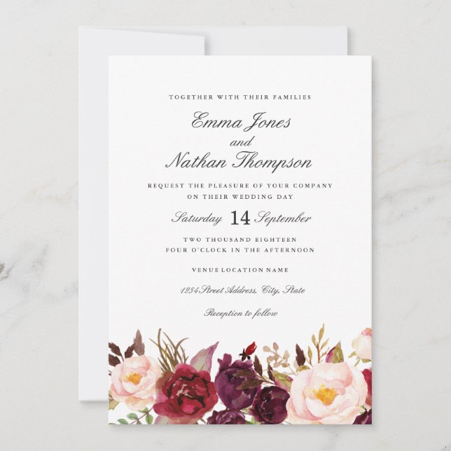 Floral Watercolor Burgundy Blush Wedding Invitation (Front)