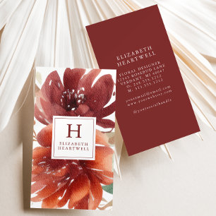 Floral Watercolor Burgundy Burnt Orange Monogram Business Card