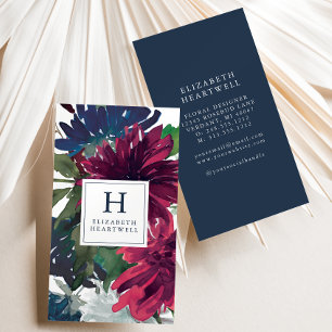 Floral Watercolor Burgundy Navy Blue Monogram Business Card