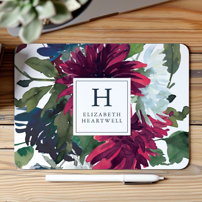 Floral Watercolor Burgundy Navy Blue Monogram Mouse Mat (Creator Uploaded)