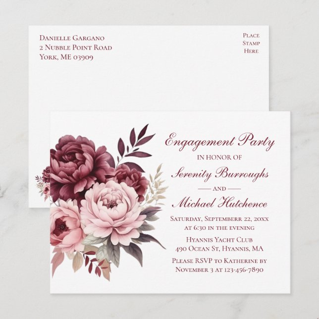 Floral Watercolor Burgundy Peony Engagement Party Postcard (Front/Back)