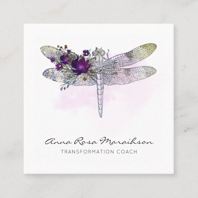 *~* Floral Watercolor Burgundy Pink  Dragonfly   Square Business Card (Front)