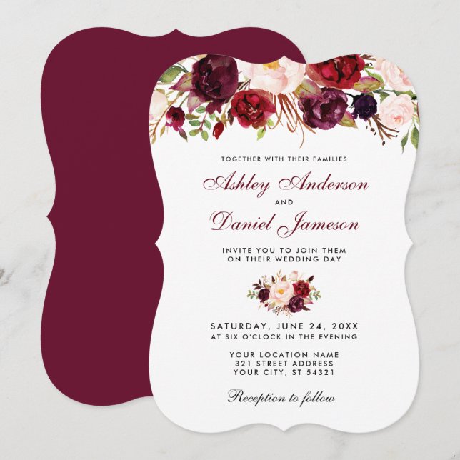 Floral Watercolor Burgundy Wedding Invitation B (Front/Back)