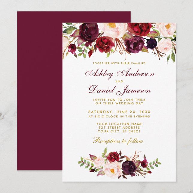 Floral Watercolor Burgundy Wedding Invitation BG (Front/Back)